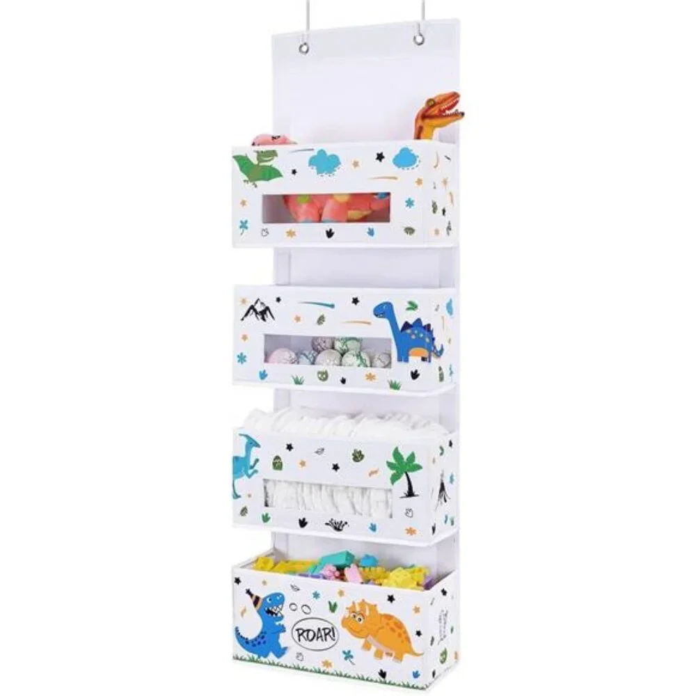 Dinosaur Over Door Hanging Organizer - Behind Door Storage with 4 Clear Pockets